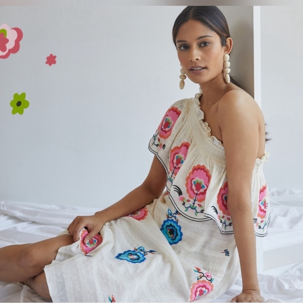 Anthropologie x Tracy Reese Embroidered one Shoulder Midi dress